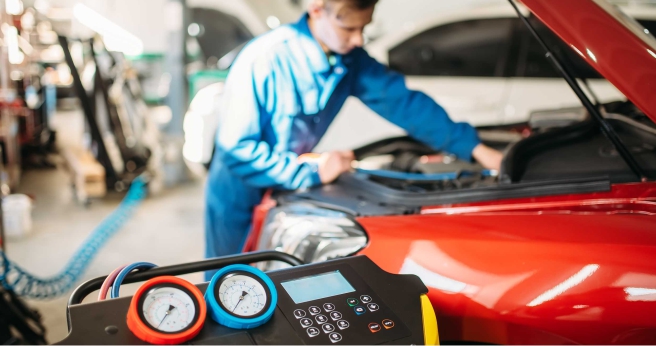 Mechanic performing brake pad and rotor replacement on a vehicle