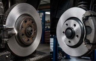 Brake disc machining and brake disc replacement comparison in auto workshop