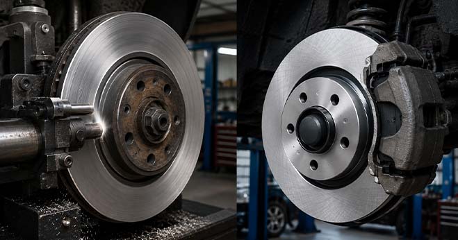 Brake disc machining and brake disc replacement comparison in auto workshop