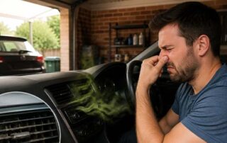 Driver covering nose due to unpleasant smell coming from car air conditioning vents