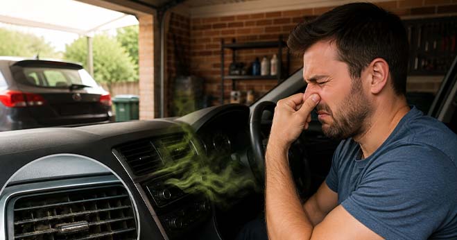 Driver covering nose due to unpleasant smell coming from car air conditioning vents