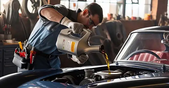 mechanic pouring engine oil into a car engine during an oil change service in auto repair workshop